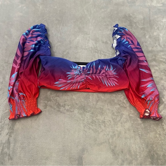 New! BFyne Red Blue Tropical Print Puff Sleeve Bikini Swim Top 10583 - Picture 3 of 8